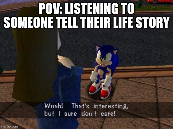 POV | POV: LISTENING TO SOMEONE TELL THEIR LIFE STORY | image tagged in woah that's interesting but i sure dont care | made w/ Imgflip meme maker