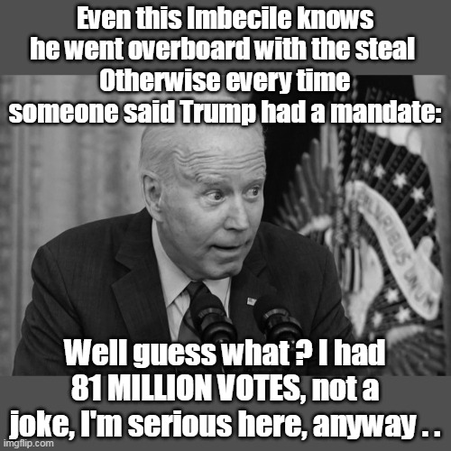 Same reason I don't mention panties, and glove boxes to my wife | Even this Imbecile knows he went overboard with the steal 
Otherwise every time someone said Trump had a mandate:; Well guess what ? I had 81 MILLION VOTES, not a joke, I'm serious here, anyway . . | image tagged in biden 81 million votes meme | made w/ Imgflip meme maker