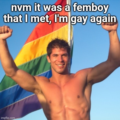 gay guy in front of flag | nvm it was a femboy that I met, I'm gay again | image tagged in gay guy in front of flag | made w/ Imgflip meme maker