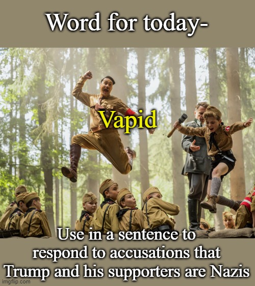 Warning! Increased vocabulary has no positive effect on Democrats. | Word for today-; Vapid; Use in a sentence to respond to accusations that Trump and his supporters are Nazis | image tagged in jojo and hitler | made w/ Imgflip meme maker