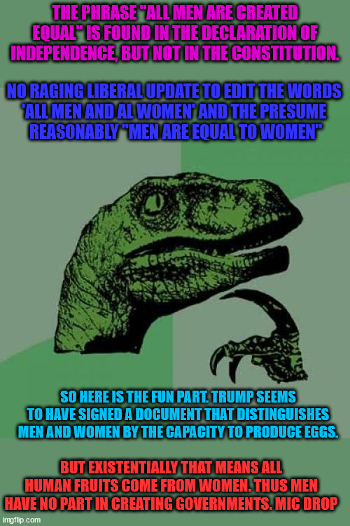 "we're never gonna survive unless we get a little crazy"~Seal | THE PHRASE "ALL MEN ARE CREATED EQUAL" IS FOUND IN THE DECLARATION OF INDEPENDENCE, BUT NOT IN THE CONSTITUTION. NO RAGING LIBERAL UPDATE TO EDIT THE WORDS 
'ALL MEN AND AL WOMEN' AND THE PRESUME 
REASONABLY "MEN ARE EQUAL TO WOMEN"; SO HERE IS THE FUN PART. TRUMP SEEMS TO HAVE SIGNED A DOCUMENT THAT DISTINGUISHES MEN AND WOMEN BY THE CAPACITY TO PRODUCE EGGS. BUT EXISTENTIALLY THAT MEANS ALL HUMAN FRUITS COME FROM WOMEN. THUS MEN HAVE NO PART IN CREATING GOVERNMENTS. MIC DROP | image tagged in memes,philosoraptor,never hurts to try,submitting,no worries,______ | made w/ Imgflip meme maker