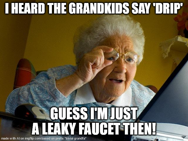 sort of anti-memish | I HEARD THE GRANDKIDS SAY 'DRIP'; GUESS I'M JUST A LEAKY FAUCET THEN! | image tagged in memes,grandma finds the internet,anti-meme,low score,trivial,______ | made w/ Imgflip meme maker