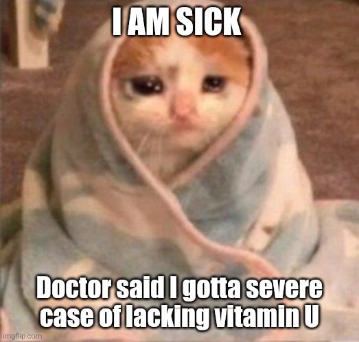 sad blanket cat | I AM SICK; Doctor said I gotta severe
case of lacking vitamin U | image tagged in sad blanket cat | made w/ Imgflip meme maker