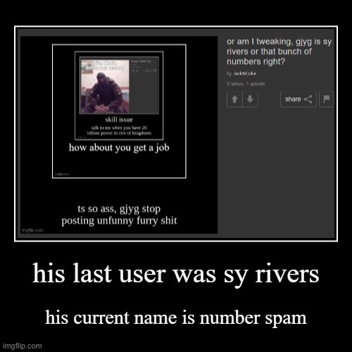 his last user was sy rivers | his current name is number spam | image tagged in funny,demotivationals | made w/ Imgflip demotivational maker