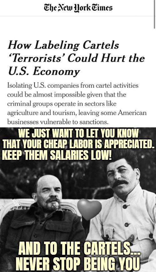 Defending organized crime now. Well... what's new. Though cartels bring more terror to a community than any other group | WE JUST WANT TO LET YOU KNOW THAT YOUR CHEAP LABOR IS APPRECIATED. KEEP THEM SALARIES LOW! AND TO THE CARTELS... NEVER STOP BEING YOU | image tagged in illegal immigration,american politics,donald trump,terrorism | made w/ Imgflip meme maker