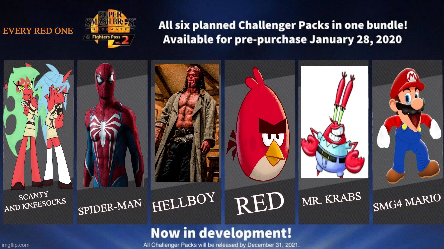 SSBU Every Red One pack (also ft. Do the Mario as a boss battle) | EVERY RED ONE; HELLBOY; SPIDER-MAN; RED; MR. KRABS; SMG4 MARIO; SCANTY AND KNEESOCKS | image tagged in fighters pass vol 2 meme version 3,smg4,spiderman,hellboy,super smash bros,panty and stocking | made w/ Imgflip meme maker