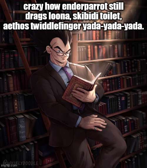 Librarian Vegeta | crazy how enderparrot still drags loona, skibidi toilet, aethos twiddlefinger yada-yada-yada. | image tagged in librarian vegeta | made w/ Imgflip meme maker