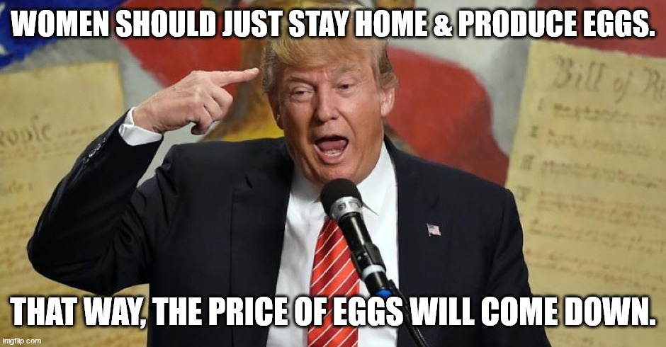 Stupid Trump - I have the biggest Brain | WOMEN SHOULD JUST STAY HOME & PRODUCE EGGS. THAT WAY, THE PRICE OF EGGS WILL COME DOWN. | image tagged in stupid trump - i have the biggest brain | made w/ Imgflip meme maker