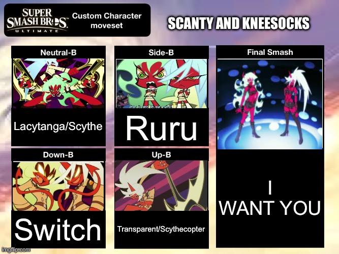 Scanty and Kneesocks moveset (SSBU) | SCANTY AND KNEESOCKS; Lacytanga/Scythe; Ruru; I WANT YOU; Switch; Transparent/Scythecopter | image tagged in smash ultimate custom moveset,super smash bros,panty and stocking,scanty and kneesocks | made w/ Imgflip meme maker