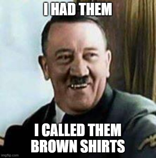 laughing hitler | I HAD THEM I CALLED THEM BROWN SHIRTS | image tagged in laughing hitler | made w/ Imgflip meme maker