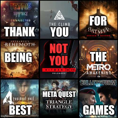 Meta Quest Not You | FOR; YOU; THANK; NOT YOU; THE; BEING; META QUEST; GAMES; BEST | image tagged in meta quest not you | made w/ Imgflip meme maker