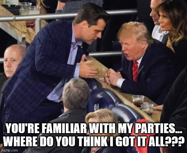 YOU'RE FAMILIAR WITH MY PARTIES... WHERE DO YOU THINK I GOT IT ALL??? | image tagged in gaetz/trump | made w/ Imgflip meme maker