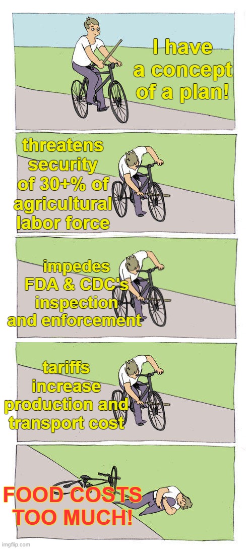 If you voted for Trump, you voted to make the price of eggs go UP | I have a concept of a plan! threatens security of 30+% of agricultural labor force impedes FDA & CDC's inspection and enforcement FOOD COSTS | image tagged in bike fall,eggs,labor,economics,farm,trump | made w/ Imgflip meme maker