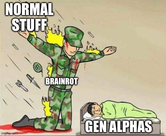 Soldier protecting sleeping child | NORMAL STUFF; BRAINROT; GEN ALPHAS | image tagged in soldier protecting sleeping child | made w/ Imgflip meme maker