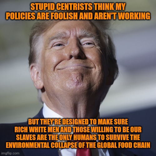 Revolution now! | STUPID CENTRISTS THINK MY POLICIES ARE FOOLISH AND AREN'T WORKING; BUT THEY'RE DESIGNED TO MAKE SURE RICH WHITE MEN AND THOSE WILLING TO BE OUR SLAVES ARE THE ONLY HUMANS TO SURVIVE THE ENVIRONMENTAL COLLAPSE OF THE GLOBAL FOOD CHAIN | image tagged in smug trump,climate change,scarcity,the price of eggs,growth economics,a boot stamping on a human face forever | made w/ Imgflip meme maker