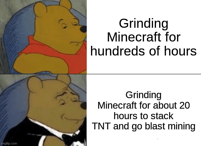 Me fr | Grinding Minecraft for hundreds of hours; Grinding Minecraft for about 20 hours to stack TNT and go blast mining | image tagged in memes,tuxedo winnie the pooh | made w/ Imgflip meme maker