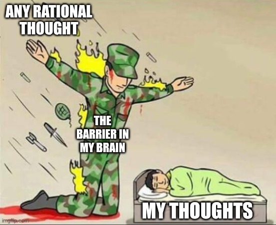 I cannot have a single decently rational thought | ANY RATIONAL THOUGHT; THE BARRIER IN MY BRAIN; MY THOUGHTS | image tagged in soldier protecting sleeping child | made w/ Imgflip meme maker