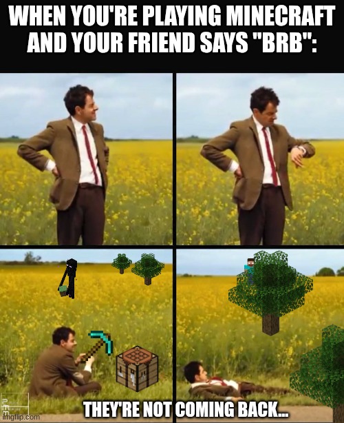 Mr bean waiting | WHEN YOU'RE PLAYING MINECRAFT AND YOUR FRIEND SAYS "BRB":; THEY'RE NOT COMING BACK... | image tagged in mr bean waiting | made w/ Imgflip meme maker