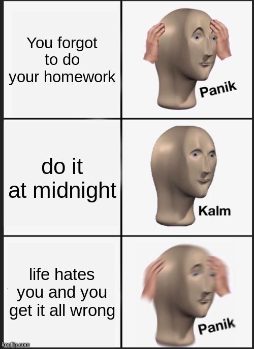 Average kid in school | You forgot to do your homework; do it at midnight; life hates you and you get it all wrong | image tagged in memes,panik kalm panik | made w/ Imgflip meme maker