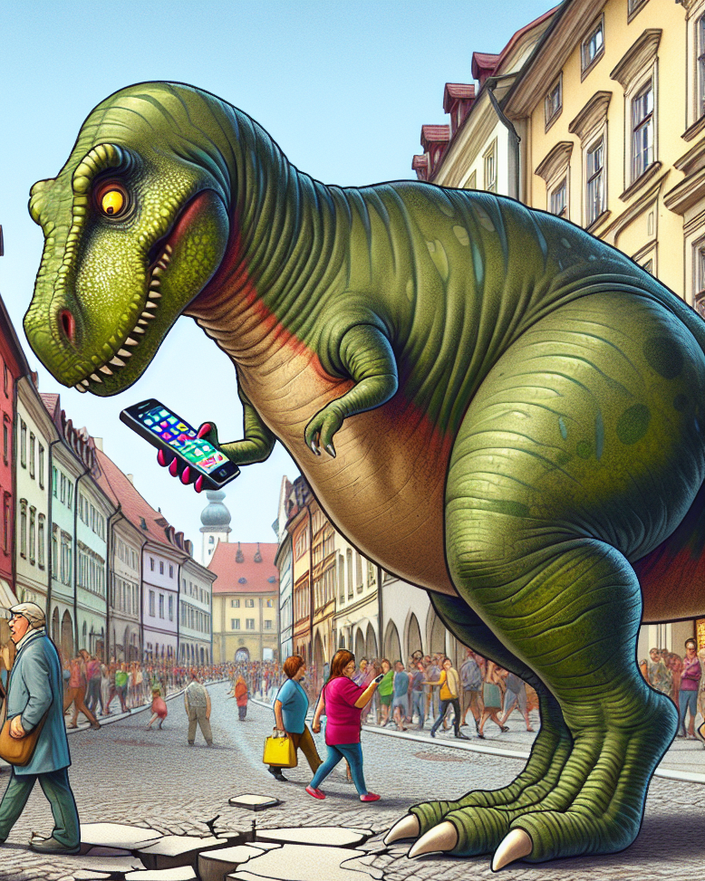 dinosaur looking at phone while crossing street Blank Meme Template