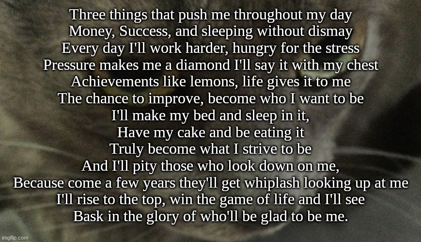 an assignment | Three things that push me throughout my day

Money, Success, and sleeping without dismay

Every day I'll work harder, hungry for the stress

Pressure makes me a diamond I'll say it with my chest

Achievements like lemons, life gives it to me

The chance to improve, become who I want to be

I'll make my bed and sleep in it,

Have my cake and be eating it

Truly become what I strive to be

And I'll pity those who look down on me,

Because come a few years they'll get whiplash looking up at me

I'll rise to the top, win the game of life and I'll see

Bask in the glory of who'll be glad to be me. | image tagged in sweetie | made w/ Imgflip meme maker