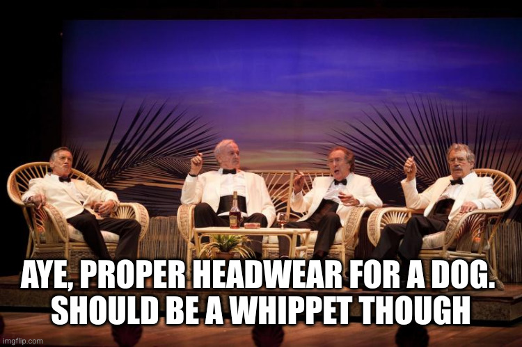 Four Yorkshiremen | AYE, PROPER HEADWEAR FOR A DOG. 
SHOULD BE A WHIPPET THOUGH | image tagged in four yorkshiremen | made w/ Imgflip meme maker