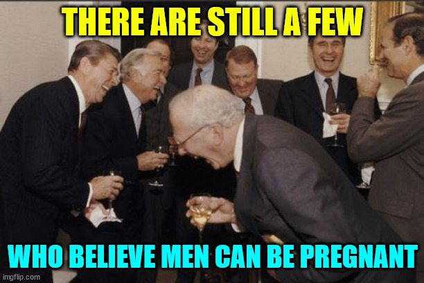 Laughing Men In Suits Meme | THERE ARE STILL A FEW WHO BELIEVE MEN CAN BE PREGNANT | image tagged in memes,laughing men in suits | made w/ Imgflip meme maker