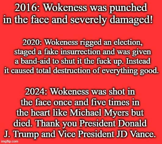 Wokeness Timeline | image tagged in wokeness,rip,praise god,praise jesus,president donald j trump,vice president jd vance | made w/ Imgflip meme maker