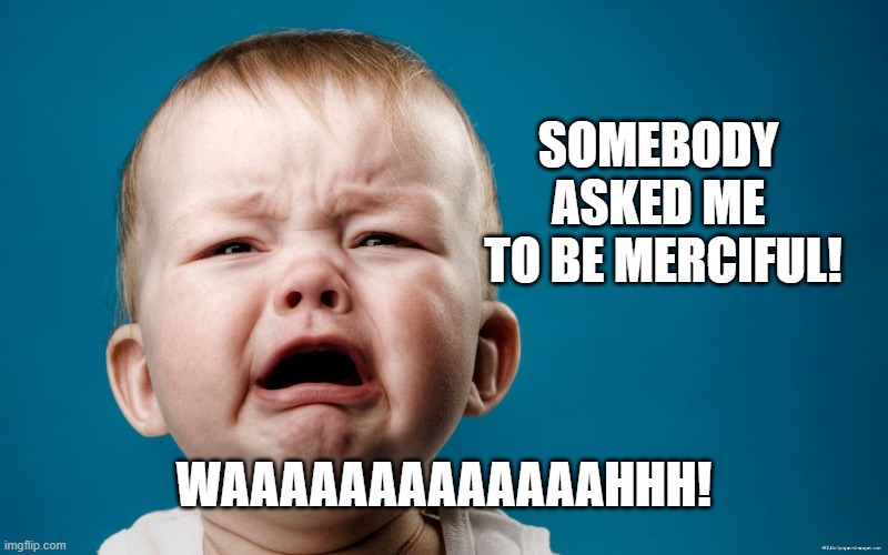 SOMEBODY 
ASKED ME 
TO BE MERCIFUL! WAAAAAAAAAAAAAHHH! | image tagged in mercy,compassion,president | made w/ Imgflip meme maker