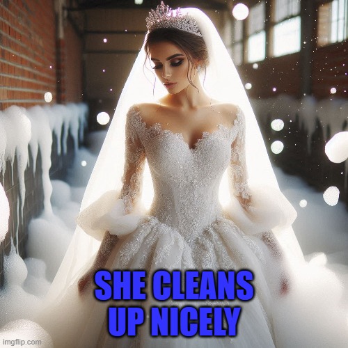 She cleans up nicely | SHE CLEANS
UP NICELY | image tagged in soap suds,wedding gown,tiara,veil,humor,wordplay | made w/ Imgflip meme maker