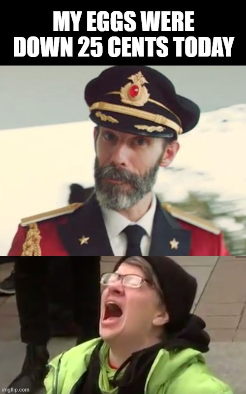 MY EGGS WERE DOWN 25 CENTS TODAY | image tagged in captain obvious,screaming liberal | made w/ Imgflip meme maker