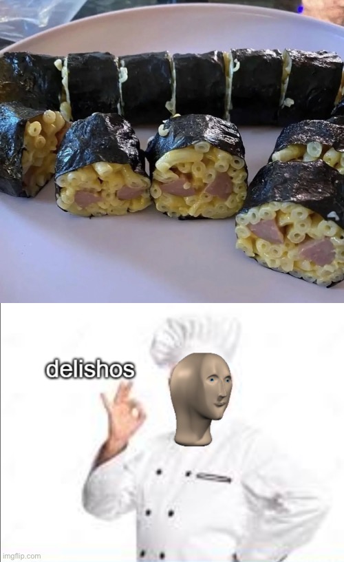 image tagged in delishos meme man,mac,cheese,ham,sushi,gone wrong | made w/ Imgflip meme maker