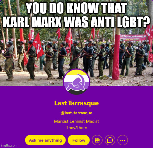 People with this bio make no sense | YOU DO KNOW THAT KARL MARX WAS ANTI LGBT? | image tagged in b | made w/ Imgflip meme maker