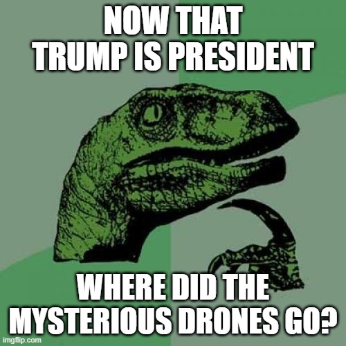 Philosoraptor | NOW THAT TRUMP IS PRESIDENT; WHERE DID THE MYSTERIOUS DRONES GO? | image tagged in memes,philosoraptor | made w/ Imgflip meme maker