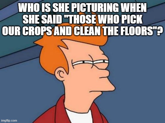 Futurama Fry Meme | WHO IS SHE PICTURING WHEN SHE SAID "THOSE WHO PICK OUR CROPS AND CLEAN THE FLOORS"? | image tagged in memes,futurama fry | made w/ Imgflip meme maker