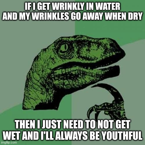 THIS IS A JOKE, I'M NOT THAT DUMB | IF I GET WRINKLY IN WATER AND MY WRINKLES GO AWAY WHEN DRY; THEN I JUST NEED TO NOT GET WET AND I'LL ALWAYS BE YOUTHFUL | image tagged in memes,philosoraptor | made w/ Imgflip meme maker