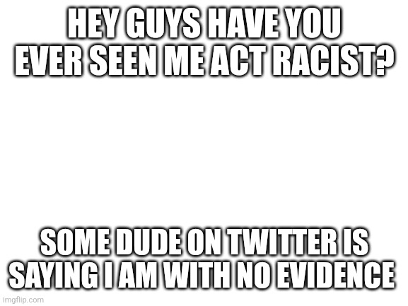 Blank White Template | HEY GUYS HAVE YOU EVER SEEN ME ACT RACIST? SOME DUDE ON TWITTER IS SAYING I AM WITH NO EVIDENCE | image tagged in blank white template | made w/ Imgflip meme maker