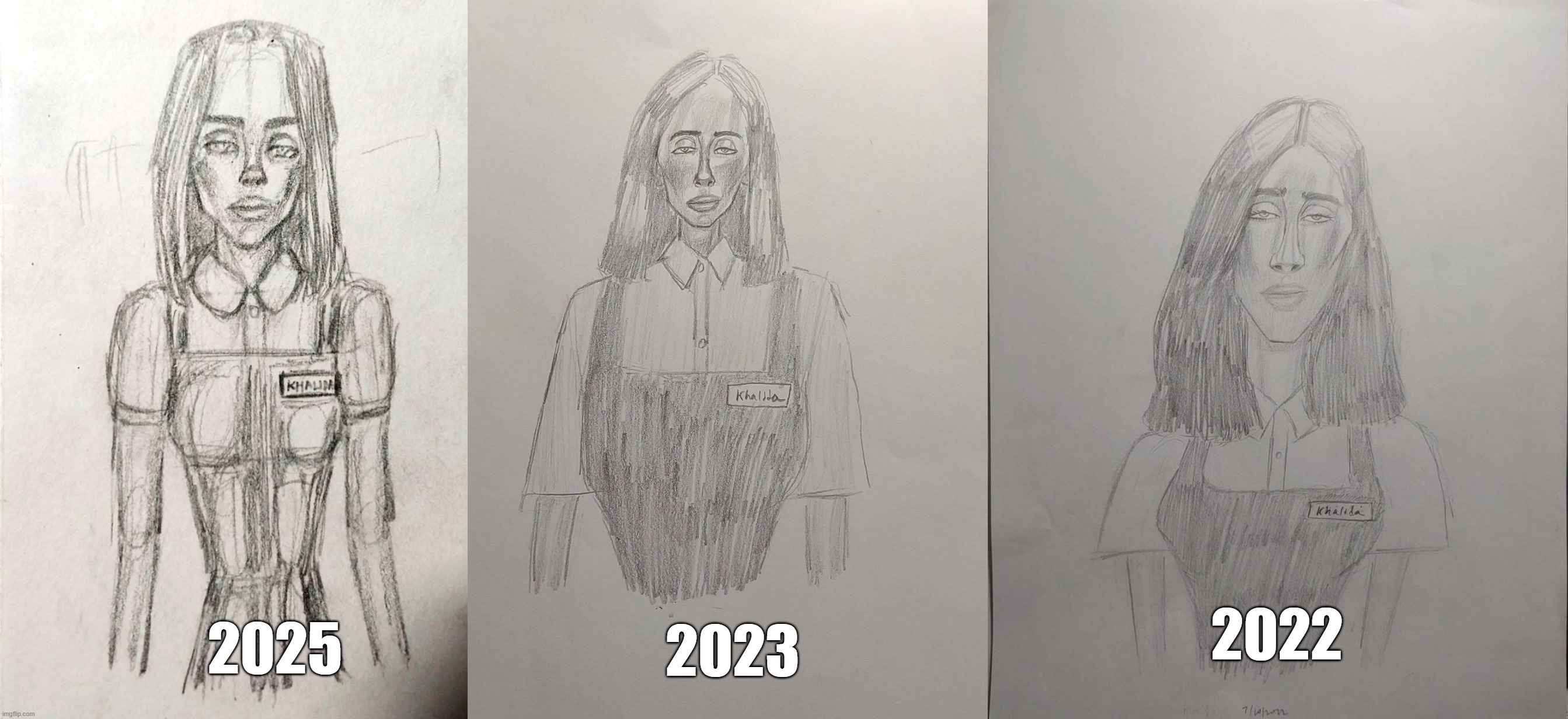 "Khalida OC" Redraws | 2023; 2022; 2025 | image tagged in drawings,art,girl,waitress,sketch | made w/ Imgflip meme maker