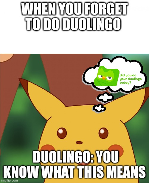 Surprised Pikachu (High Quality) | WHEN YOU FORGET TO DO DUOLINGO; DUOLINGO: YOU KNOW WHAT THIS MEANS | image tagged in surprised pikachu high quality | made w/ Imgflip meme maker