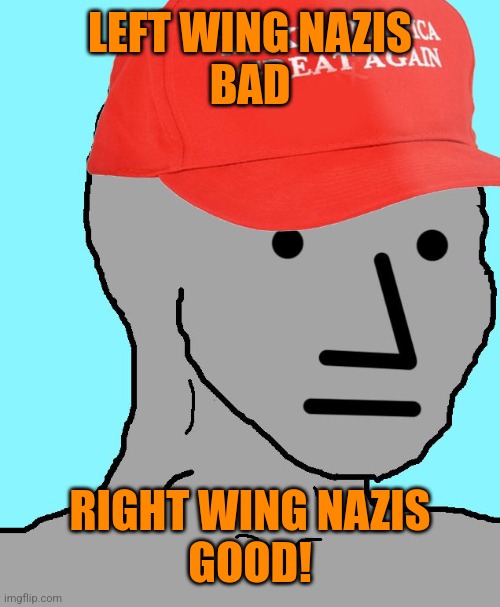 MAGA NPC | LEFT WING NAZIS
BAD RIGHT WING NAZIS
GOOD! | image tagged in maga npc | made w/ Imgflip meme maker