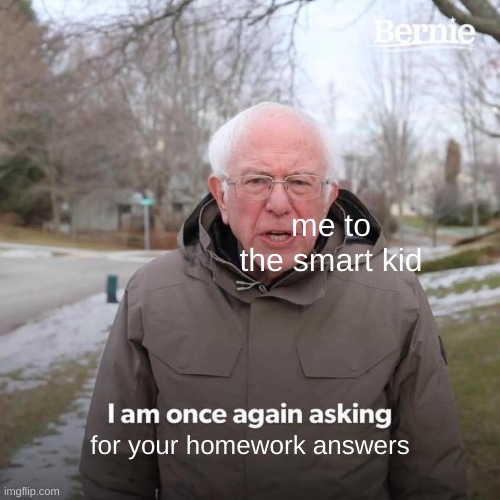 Bernie I Am Once Again Asking For Your Support | me to the smart kid; for your homework answers | image tagged in memes,bernie i am once again asking for your support | made w/ Imgflip meme maker