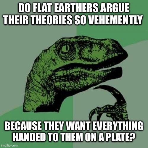 Hmmmmmm | DO FLAT EARTHERS ARGUE THEIR THEORIES SO VEHEMENTLY; BECAUSE THEY WANT EVERYTHING HANDED TO THEM ON A PLATE? | image tagged in memes,philosoraptor | made w/ Imgflip meme maker