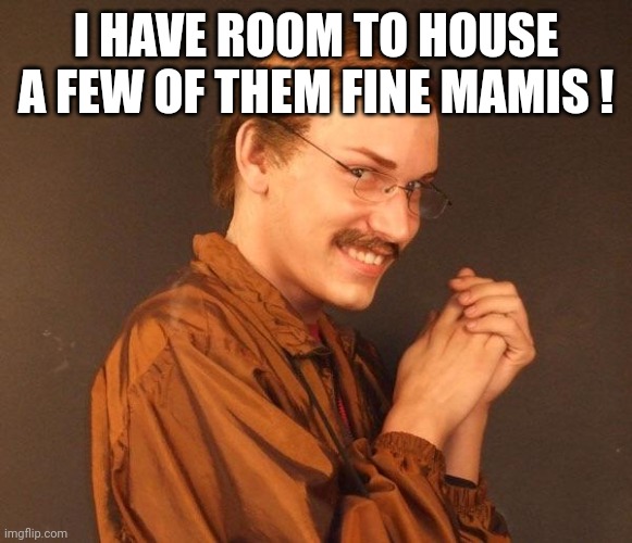 Creepy guy | I HAVE ROOM TO HOUSE A FEW OF THEM FINE MAMIS ! | image tagged in creepy guy | made w/ Imgflip meme maker