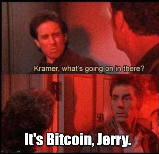 Kramer, what's going on in there Two Panel Template | It's Bitcoin, Jerry. | image tagged in kramer what's going on in there two panel template | made w/ Imgflip meme maker