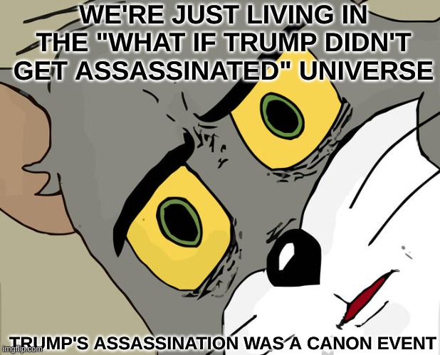 2025 has been crazy... | WE'RE JUST LIVING IN THE "WHAT IF TRUMP DIDN'T GET ASSASSINATED" UNIVERSE; TRUMP'S ASSASSINATION WAS A CANON EVENT | image tagged in memes,unsettled tom,2025,what if,donald trump,joke | made w/ Imgflip meme maker