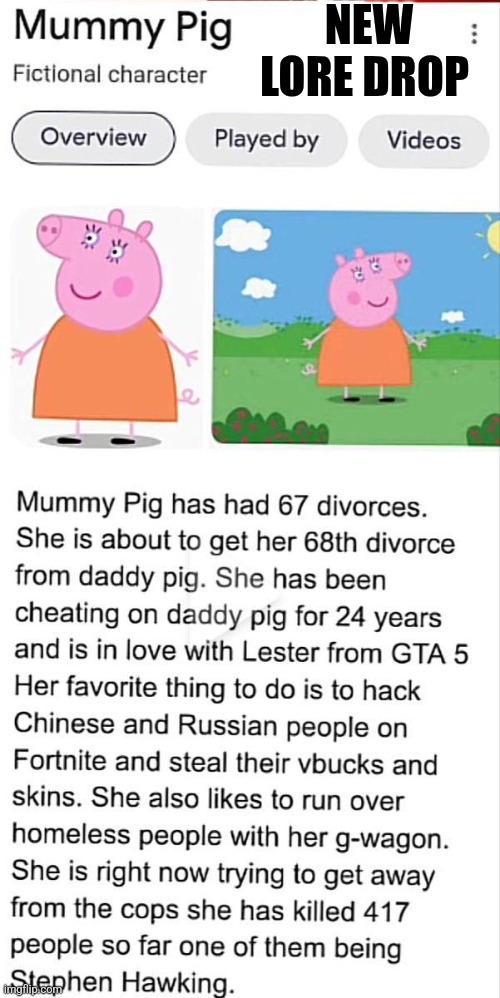 What | NEW LORE DROP | image tagged in mommy pig | made w/ Imgflip meme maker