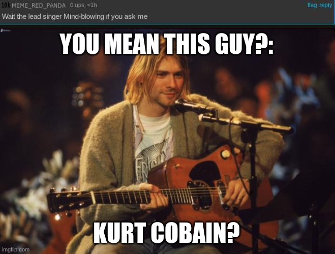 YOU MEAN THIS GUY?:; KURT COBAIN? | image tagged in kurt cobain | made w/ Imgflip meme maker