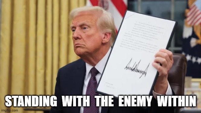 Amnesty for Enemies | STANDING  WITH  THE  ENEMY  WITHIN | image tagged in donald trump | made w/ Imgflip meme maker