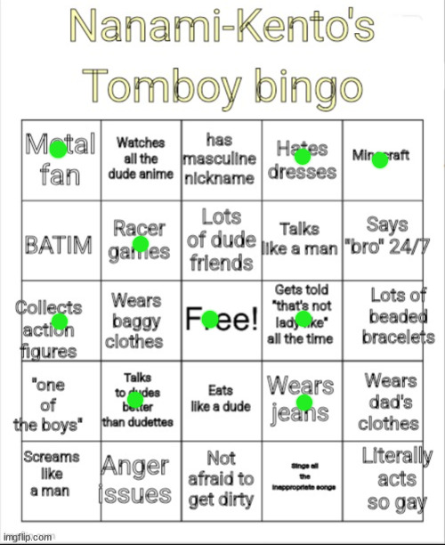 Idk if i'm a tomboy | image tagged in nanami-kento's tomboy bingo | made w/ Imgflip meme maker