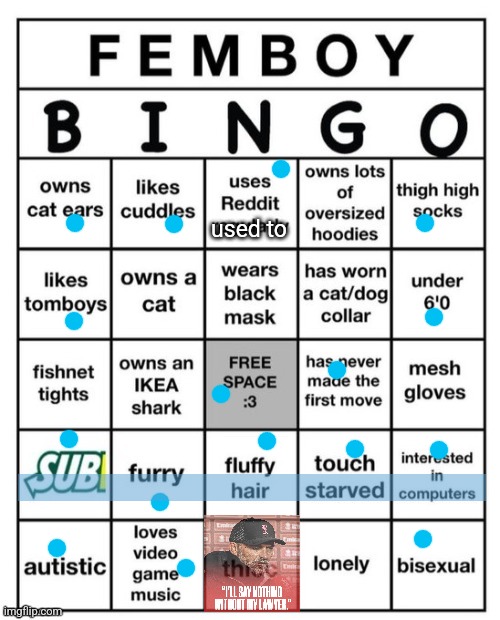 Femboy Bingo | used to | image tagged in femboy bingo | made w/ Imgflip meme maker